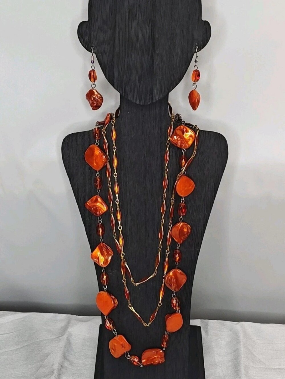 Fall Halloween 2 Necklaces Dangle Earrings Orange Stones Enamel Link Long Opera